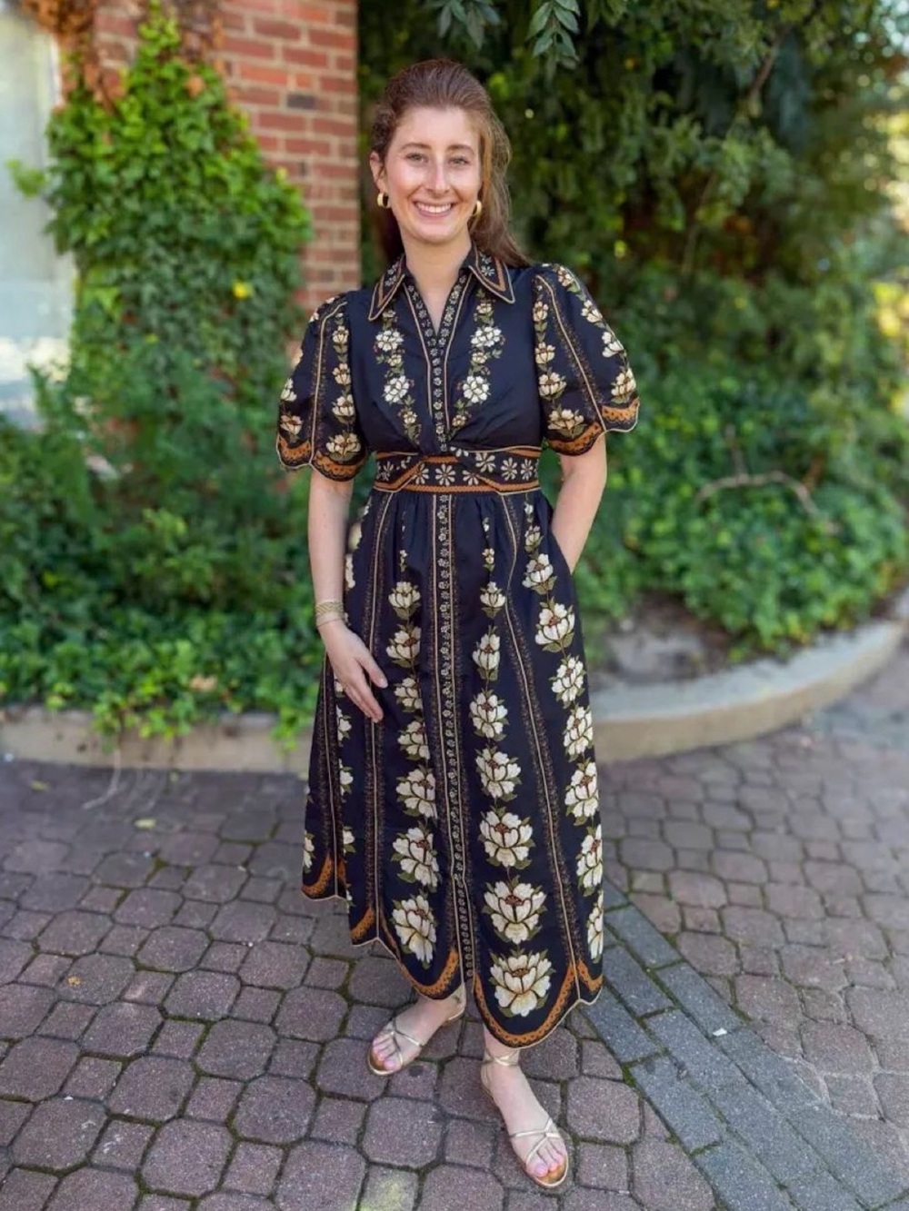FARM Rio Black Midi Dress with Gold Floral Motif